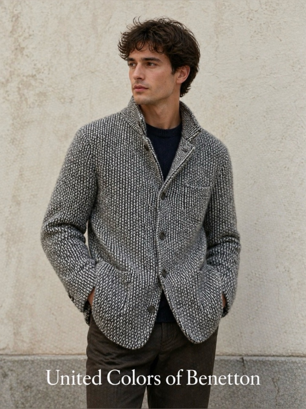 United Colors Of Benetton Black & White Buttoned Wool blend Jacket